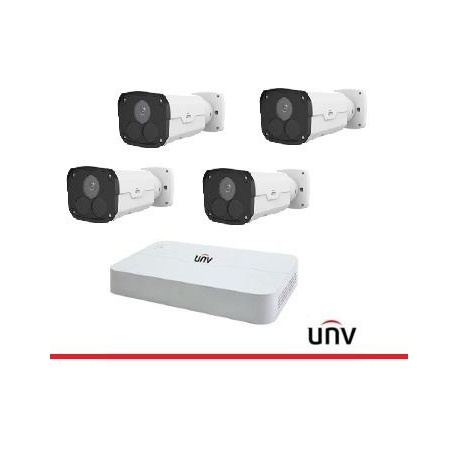 KIT IP UNV, Nvr 4 Canali PoE 4MP, 4 Bullet Ottica Fissa 4MP