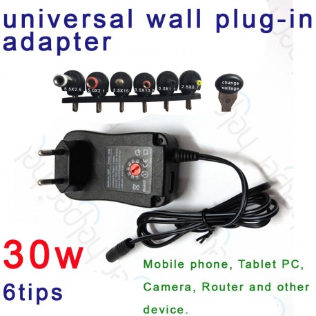 30W 3-12V AC/DC universal adapter tablet, 6 DC tips + 1 USB