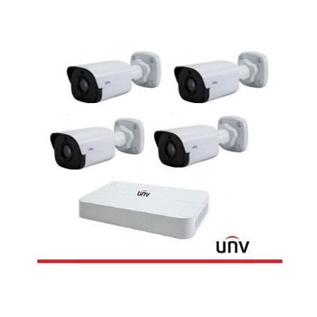 KIT IP UNV, Nvr 4 Canali PoE 4MP, 4 Bullet Ottica Fissa 2MP 