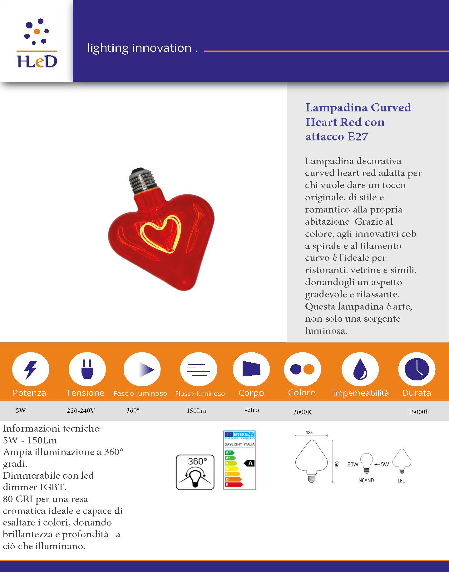 Lampadina Filament Curved Led Heart Red